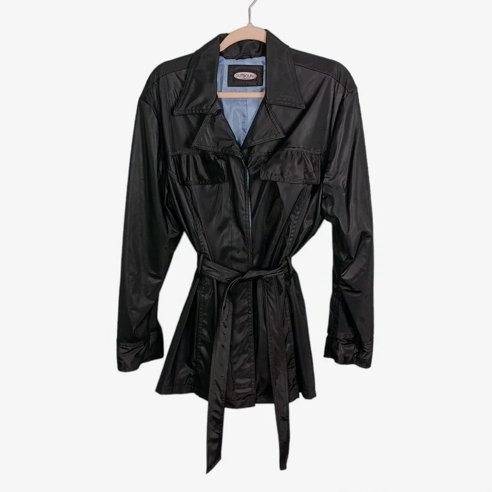 Outbound Collection Black Trench Coat Women's Belted Jacket Lightweight Sz Large